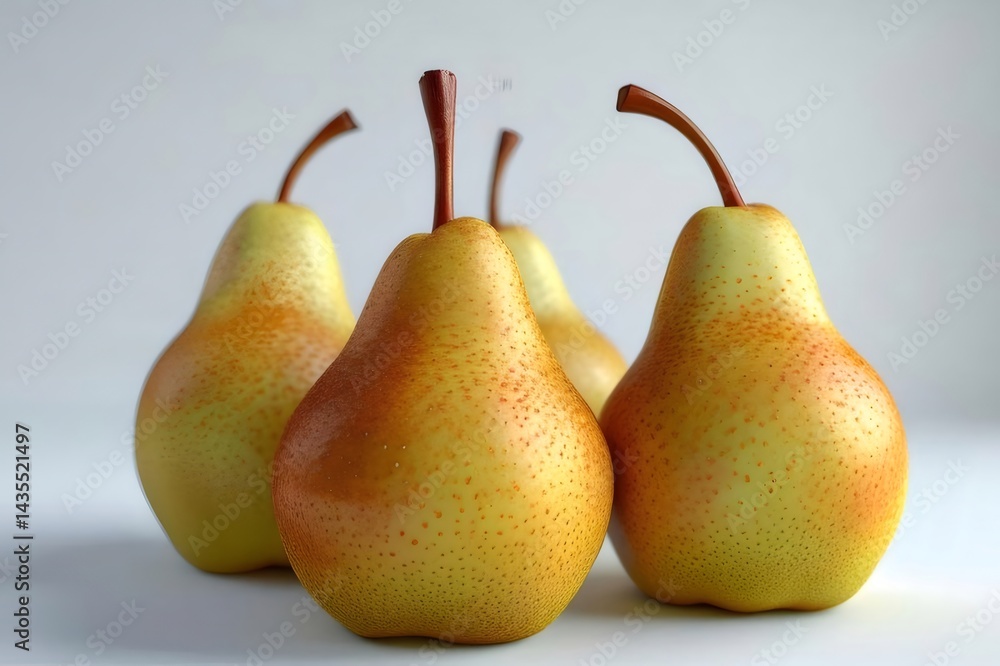 四つの熟した梨のクローズアップ 黄色と茶色の果物 白い背景で孤立したスタジオショット 四つの熟した梨のクローズアップ 黄色と茶色の果物 白い背景で孤立したスタジオショット