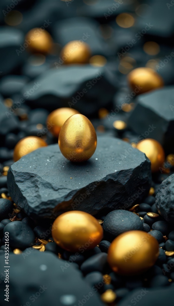 Naklejka premium Scattered golden eggs on a dark grey shale surface, dramatic Easter setting , spring decor, celebration, texture