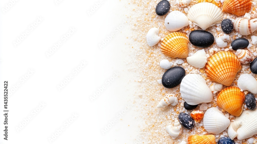 Seashells and Smooth Stones on White Sand Beach Background Seashells and Smooth Stones on White Sand Beach Background