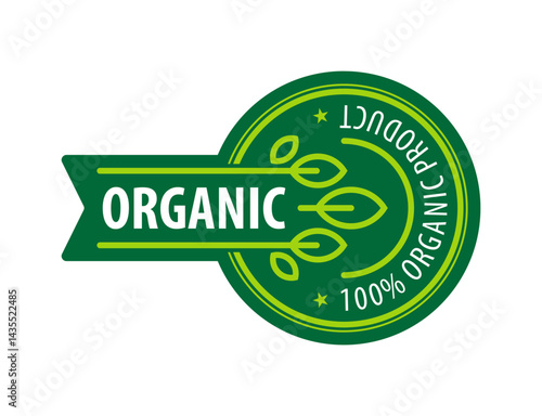 100 percent organic food labels badge. Green ribbon with fresh leaf plant line art style. Vector Illustration
