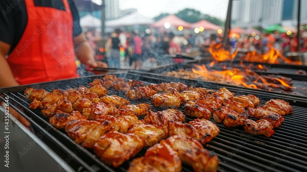 Grilling Juicy Chicken Wings at Outdoor Barbecue with Smoke and Flames in Busy Market Scene Grilling Juicy Chicken Wings at Outdoor Barbecue with Smoke and Flames in Busy Market Scene