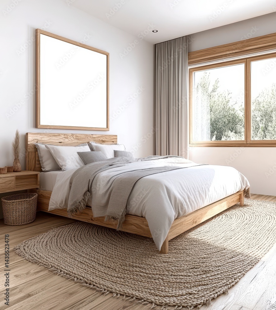 Fototapeta premium Bright Modern Bedroom Interior Design with Wooden Bed and Natural Textures