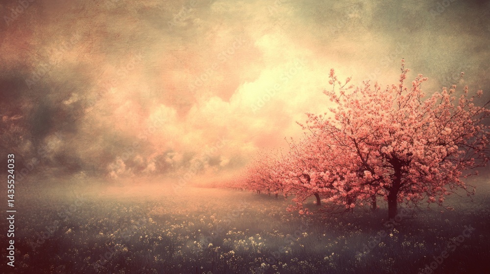 Naklejka premium Misty dawn with blossoming pink trees in a field.