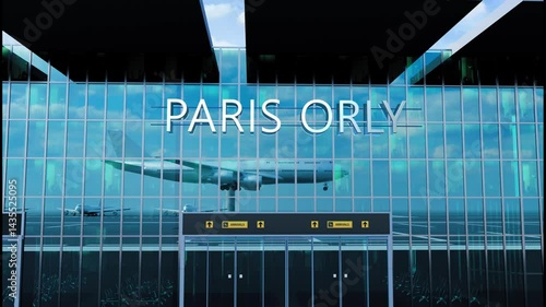 Airlane landing at paris orly. Arrival in the city with reflection of airport and aircraft
