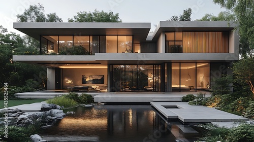 Tranquil modern villa in forest setting high resolution picture