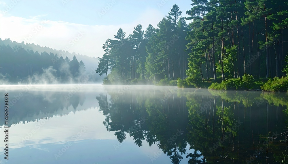 Fototapeta premium A peaceful lakeshore with mist rising from the water, surrounded by towering pine trees reflecting in the still surface. 