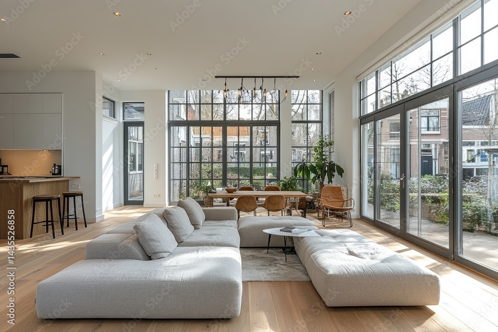 Fototapeta premium Spacious, modern interior design with large windows showcasing a garden.