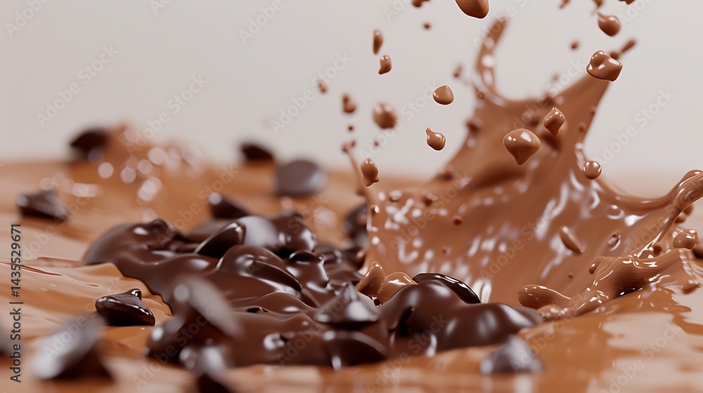 Fototapeta premium A rich splash of chocolate milk with chocolate chips suspended against a soft cream background.