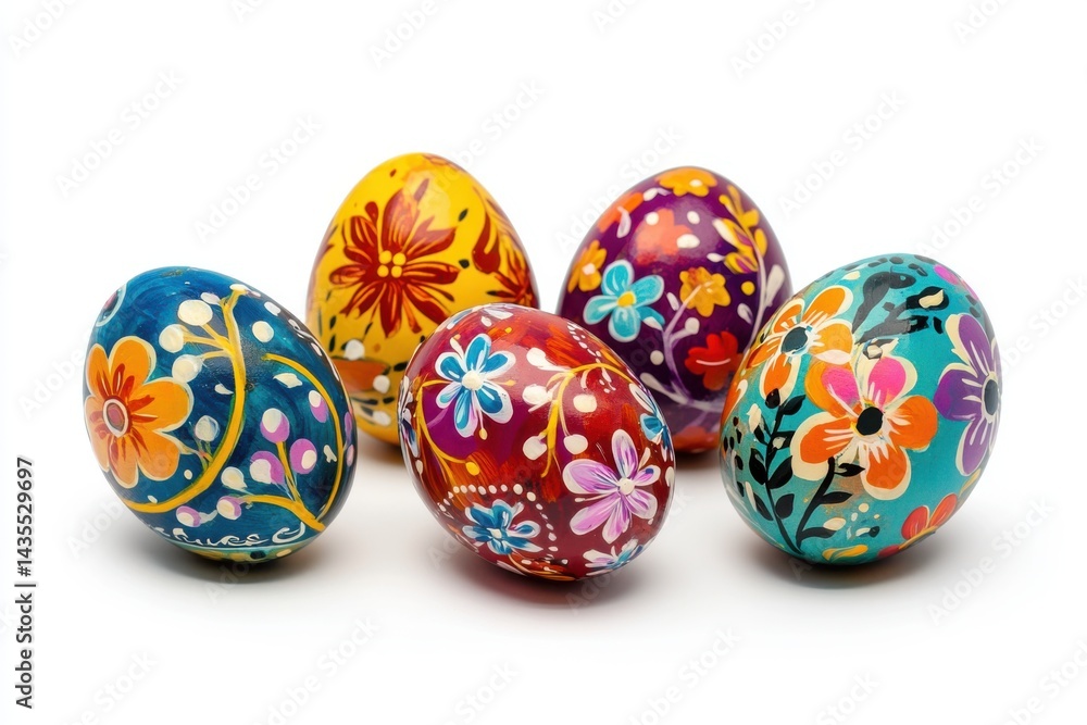 Collection of painted easter eggs with floral designs displayed isolated on white background Collection of painted easter eggs with floral designs displayed isolated on white background