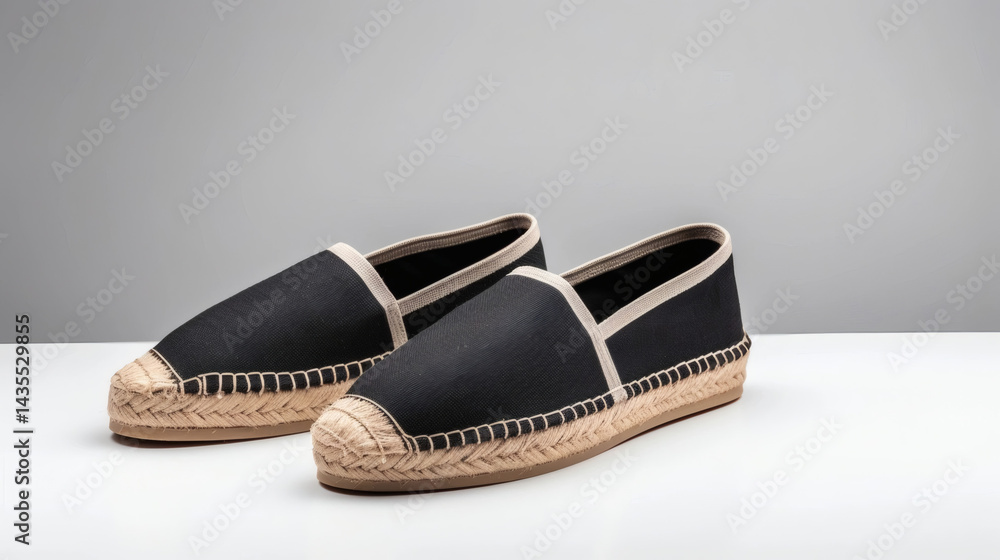 Fototapeta premium Classic Espadrille Shoes in Black and Beige on Neutral Background for Summer Fashion Collection