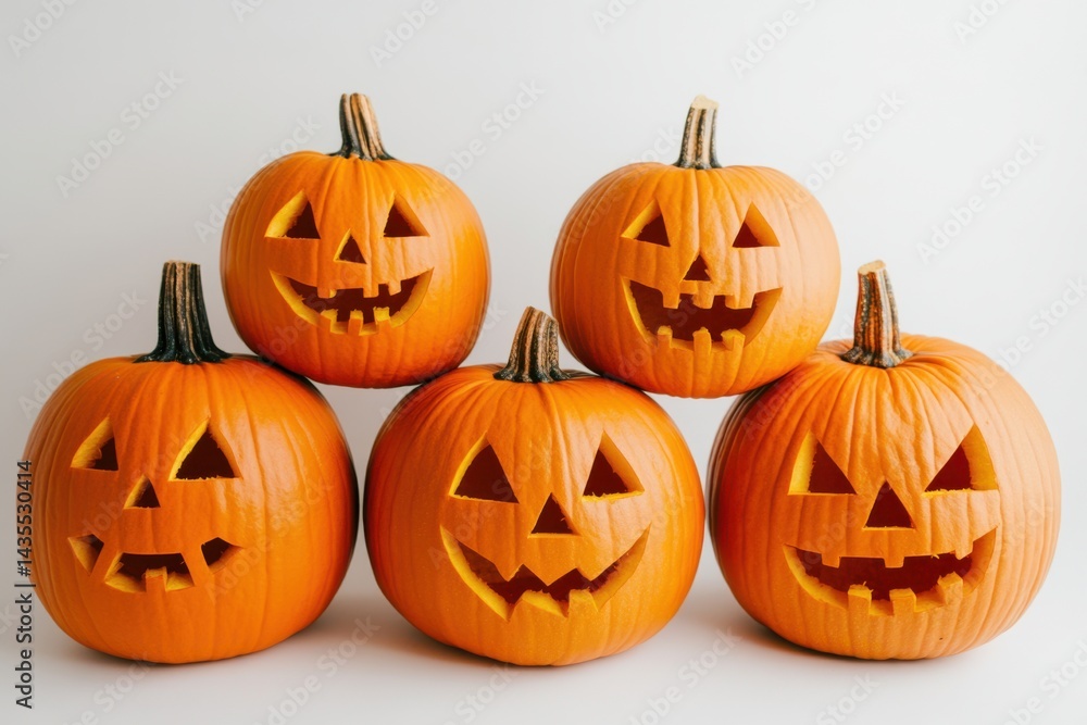 Arrangement of five carved pumpkins with smiling faces display isolated on white background Arrangement of five carved pumpkins with smiling faces display isolated on white background
