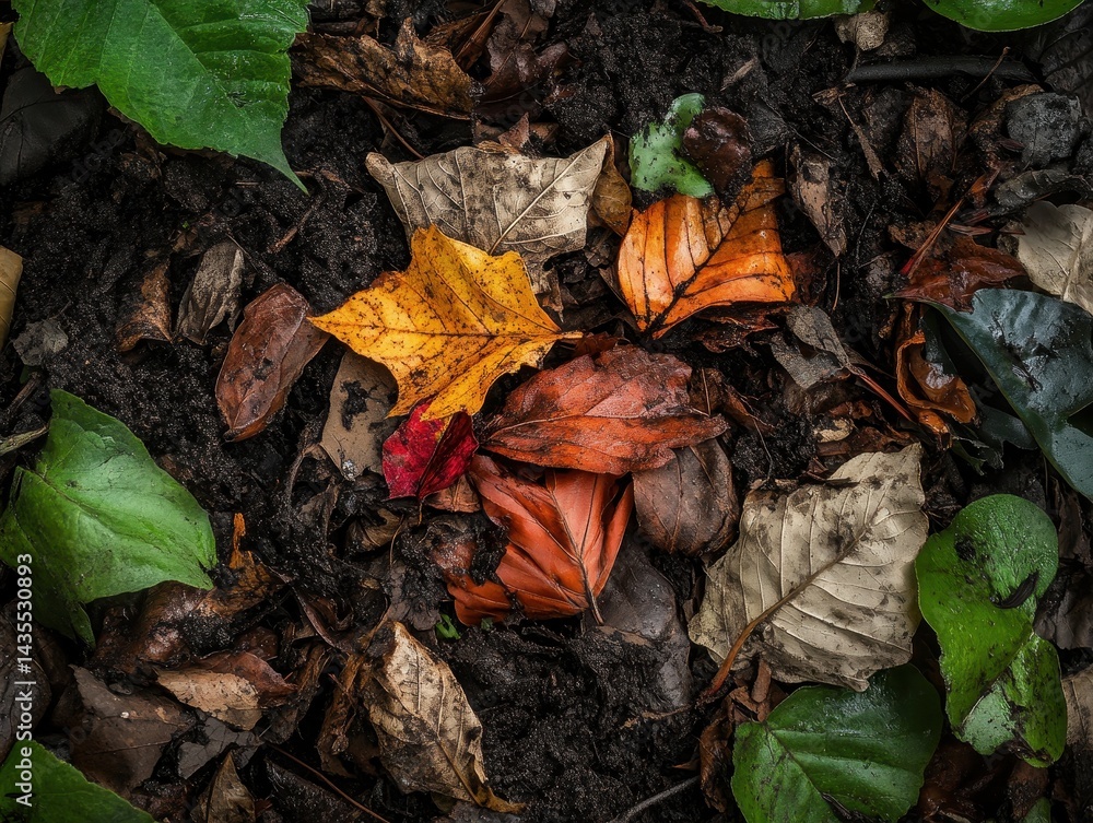 A textured ground covered with various fallen leaves, showcasing a mix of colors and shapes, indicative of autumn's transition. A textured ground covered with various fallen leaves, showcasing a mix of colors and shapes, indicative of autumn's transition.