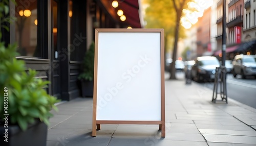 Front view mockup of blank standing restaurant menu board on sidewalk, urban background, daylight scene
