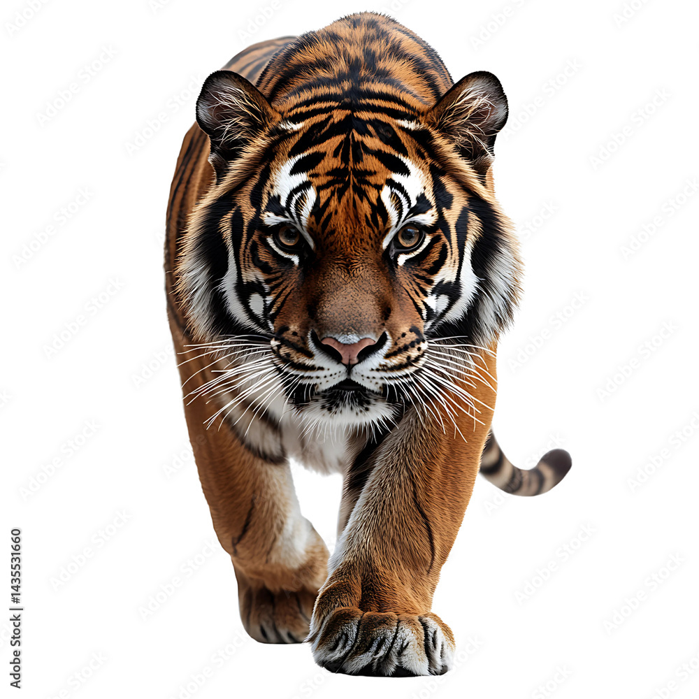 Obraz premium Isolated Transparent Die cut, Majestic Tiger Walking Forward in Dense Greenery and Wild Habitat