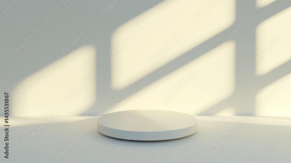 A white platform sits in the center of a room, casting a shadow on the wall behind it. A white platform sits in the center of a room, casting a shadow on the wall behind it.