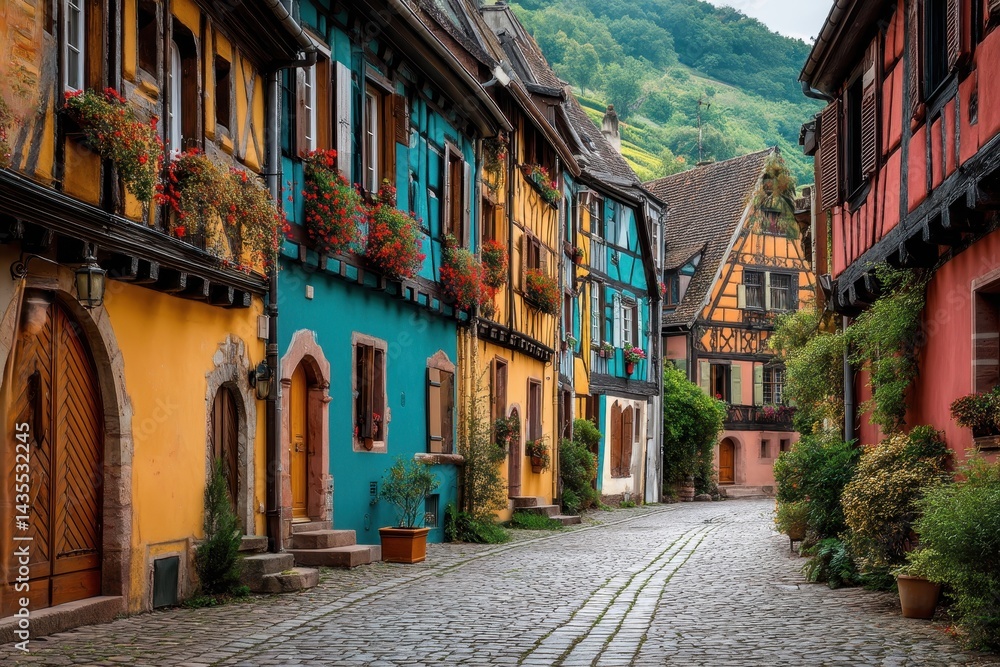 Fototapeta premium Charming Street Scene in Kaysersberg, Alsace: Vibrant Architecture and Colorful Facades Await Travelers