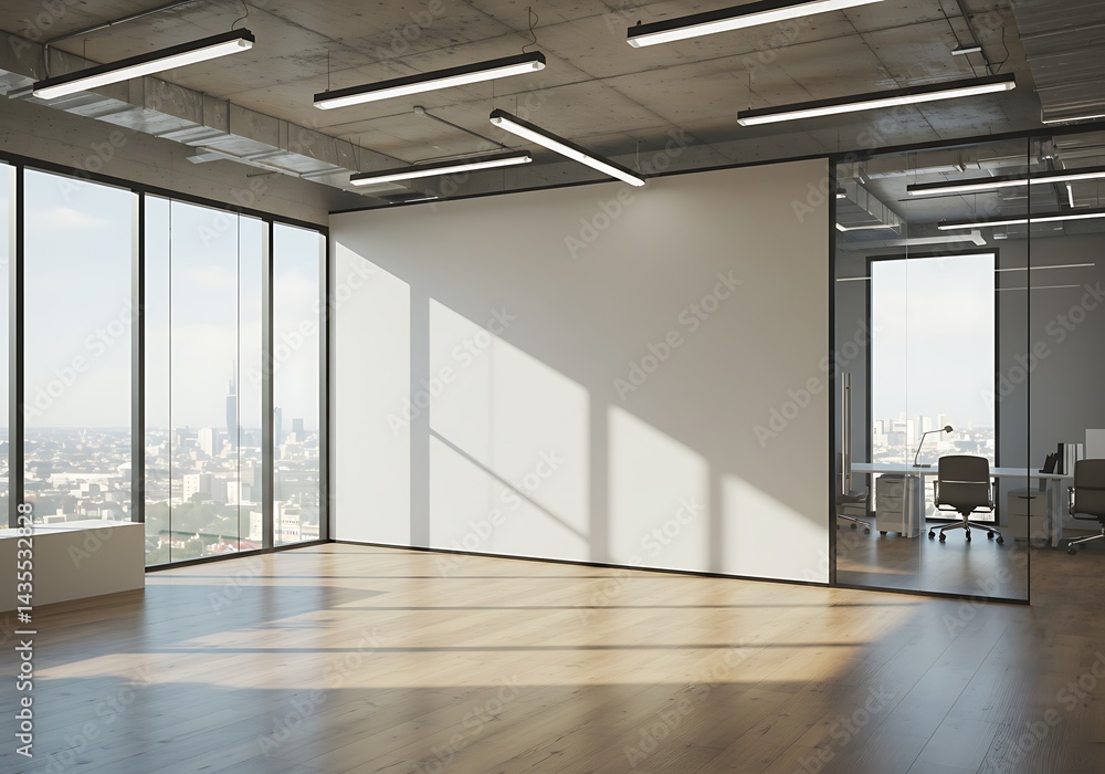 Fototapeta premium Interior of a modern office space with large windows and city view and concrete ceiling with lights