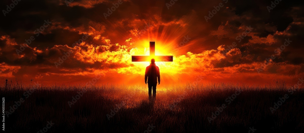 Fototapeta premium Silhouette figure at sunset with cross