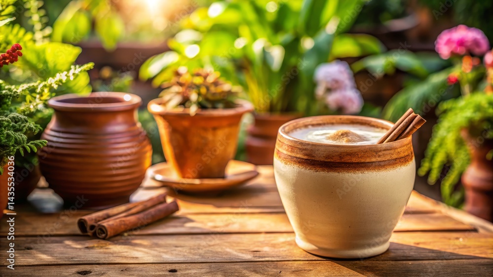 Spiced Drink with Cinnamon in Garden Setting Spiced Drink with Cinnamon in Garden Setting