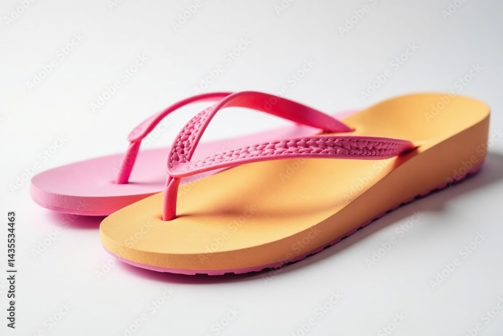 Close-up of a single flip-flop against a stark white backdrop , apparel, design Close-up of a single flip-flop against a stark white backdrop , apparel, design