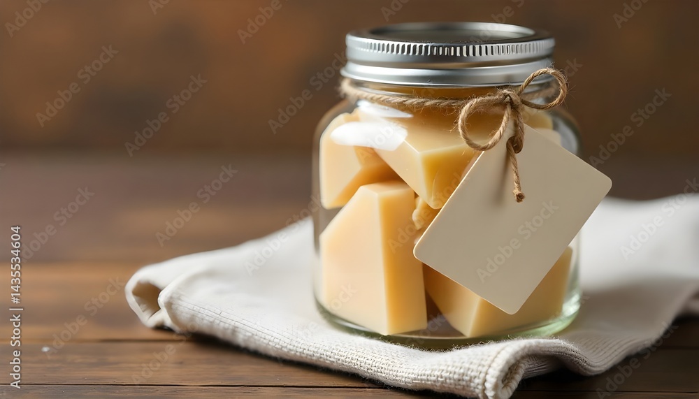 mockup glass jar with metal lid placed on linen fabric, filled with natural soap pieces, blank tag label hanging with twine, earthy background color mockup glass jar with metal lid placed on linen fabric, filled with natural soap pieces, blank tag label hanging with twine, earthy background color