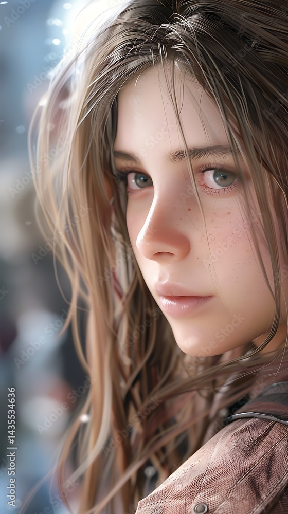 Obraz premium Close Up Portrait of a Young Woman with Freckles and Brown Hair Soft Light Digital Art
