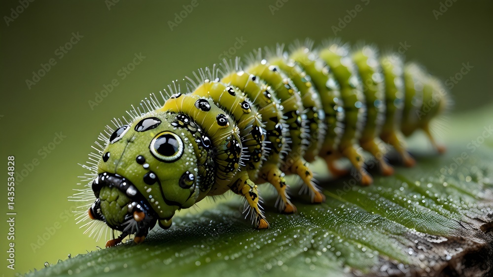 Naklejka premium Detailed View of Spiky Green Caterpillar Crawling on Leaf