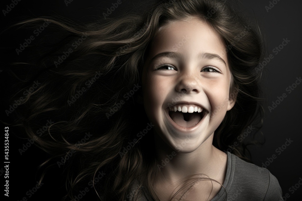 A joyous little girl with flowing brown hair, laughing with wide-open mouth and bright eyes. A joyous little girl with flowing brown hair, laughing with wide-open mouth and bright eyes.