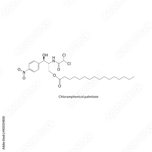 Chloramphenicol palmitate skeletal structure. Antibiotic/Chloramphenicol compound schematic illustration. Simple diagram, chemical formula.
