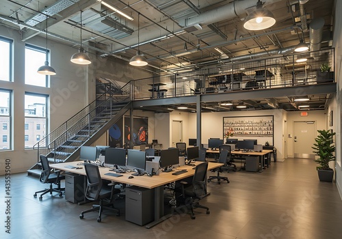 Interior view of a modern office space with desks chairs and a mezzanine level area and large windows