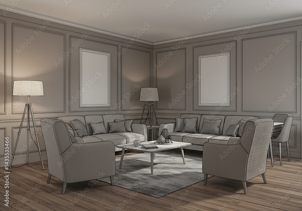 Fototapeta premium A living room with gray walls sofas chairs a coffee table and a floor lamp creating a cozy atmosphere