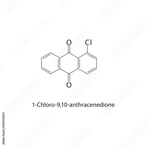1-Chloro-9,10-anthracenedione skeletal structure. Aromatic Compound compound schematic illustration. Simple diagram, chemical formula.