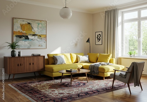 Bright living room with yellow sectional sofa and vintage furniture under natural light indoors