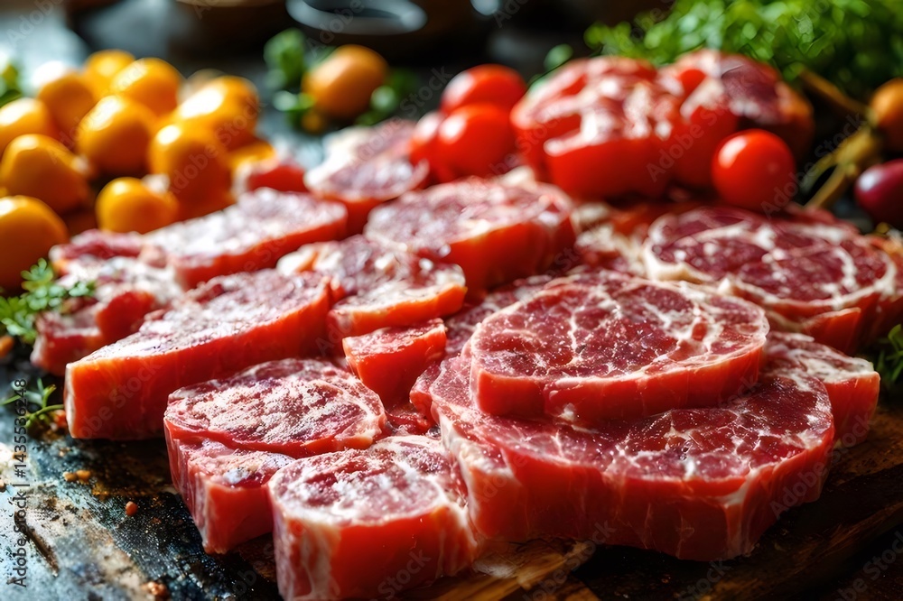 高品質牛肉のカットとトマトやハーブを添えた木製まな板上のクローズアップビュー 高品質牛肉のカットとトマトやハーブを添えた木製まな板上のクローズアップビュー