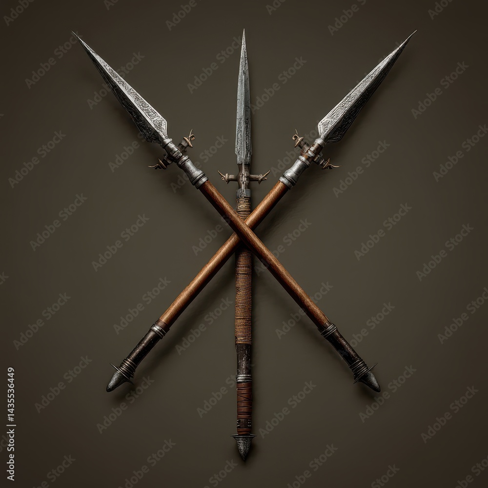 Naklejka premium Illustration of Intersecting Steel Spears: A Fusion of Ancient Fantasy and Medieval Weaponry