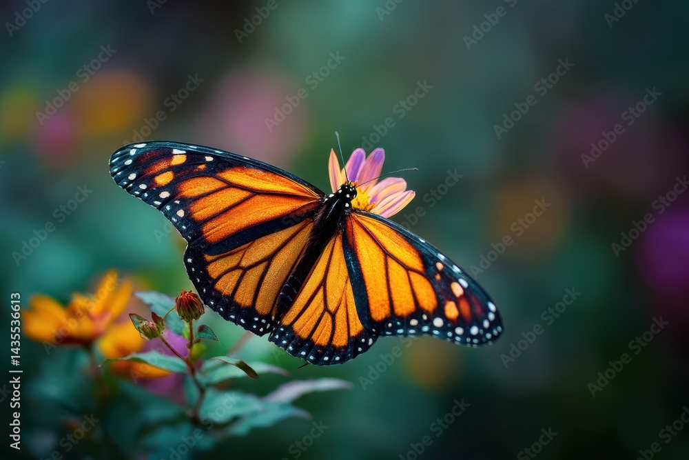Fototapeta premium Majestic Monarca: A Close-Up of the Monarch Butterfly Amidst Vibrant Blossoms in Nature's Splendor
