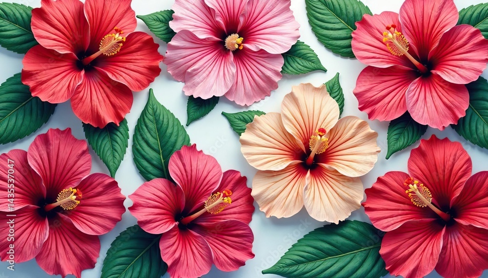 Intricate hibiscus blossoms, vibrant hues, repeating motif, elegant, pink, pattern Intricate hibiscus blossoms, vibrant hues, repeating motif, elegant, pink, pattern