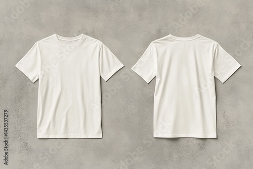 Two blank, cream-colored t-shirts, front and back views, laid flat on a light-gray concrete background  Simple, classic design