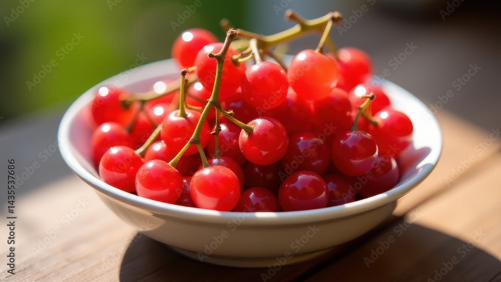 A bowl of vibrant red cherries sits on a wooden surface, basking in sunlight and showcasing their glossy, fresh appearance A bowl of vibrant red cherries sits on a wooden surface, basking in sunlight and showcasing their glossy, fresh appearance