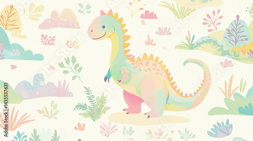 Fototapeta Naklejka Na Ścianę i Meble -  Colorful dinosaur in a whimsical landscape with pastel plants