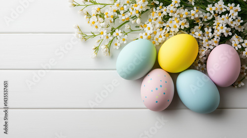 Colorful Easter eggs with flowers on a white wooden surface