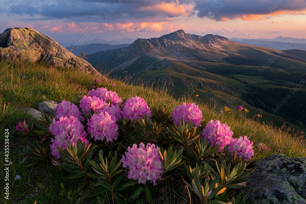 Fototapeta premium Beautiful, colorful pink rhododendron flowers on the mountain hill at sunset, Carpathian Mountains, Ukraine. 
