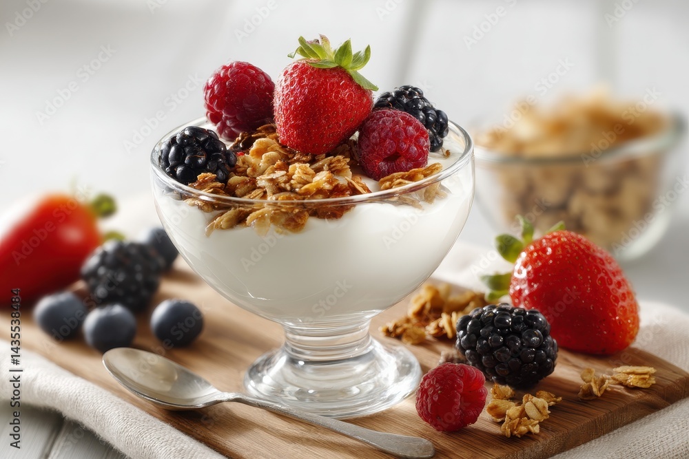 Vibrant Bowl of Plain Yougurt Topped with Crunchy Granola and Fresh Berries: A Healthy Breakfast Delight Vibrant Bowl of Plain Yougurt Topped with Crunchy Granola and Fresh Berries: A Healthy Breakfast Delight
