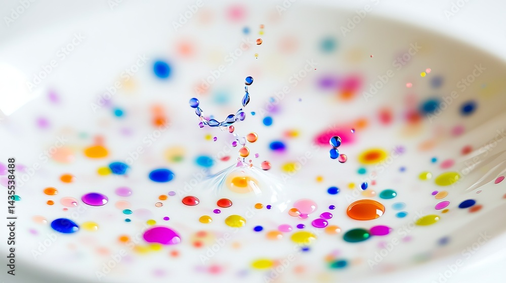 Fototapeta premium Colorful liquid food dye droplets splashing on white ceramic plate forming abstract art patterns with vivid saturated colors, minimalist design with copy space for text overlay. Creative culinary and