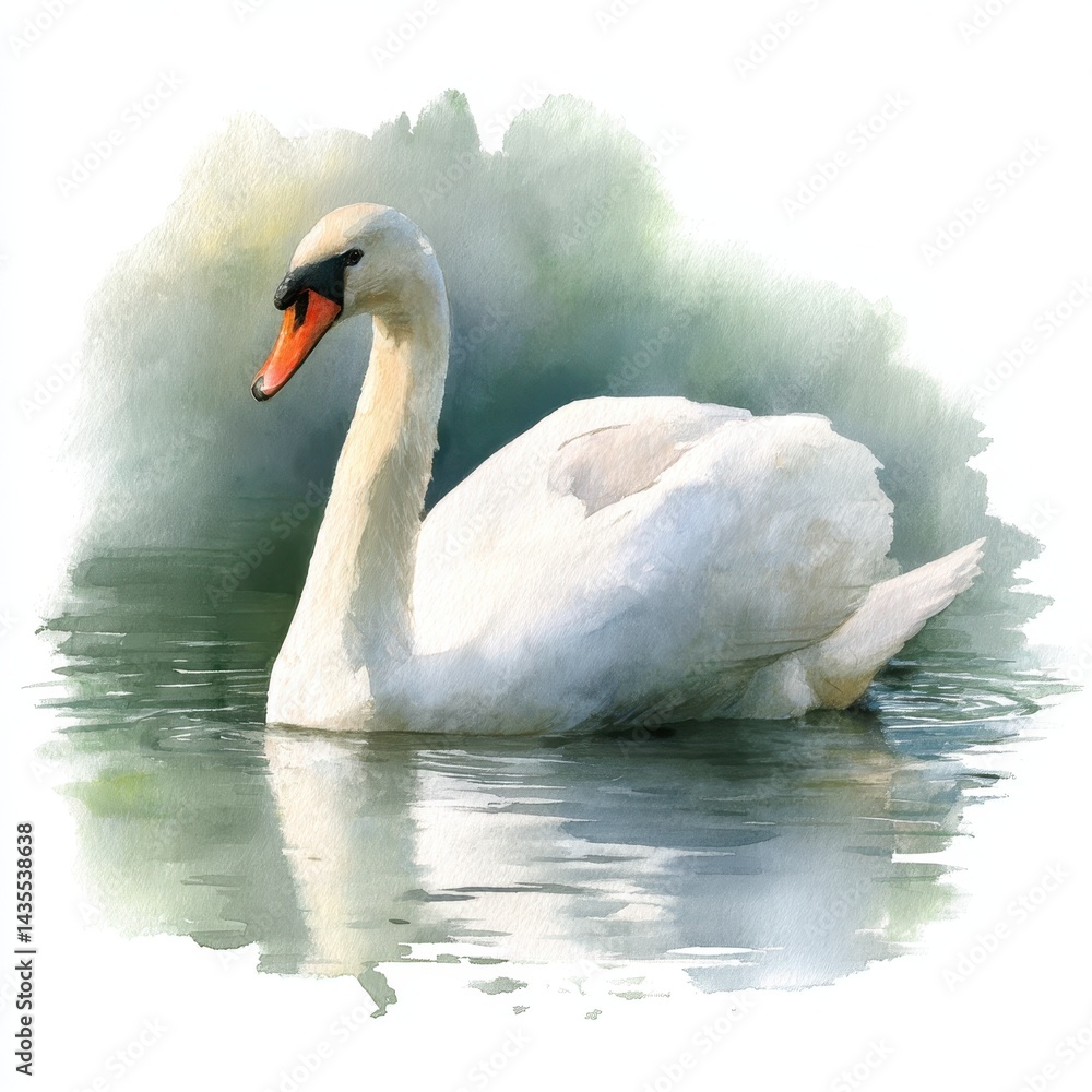 Fototapeta premium Delicate Watercolor Swan Artwork: Artistic Representation of a Graceful Bird in a Serene Lake Environment