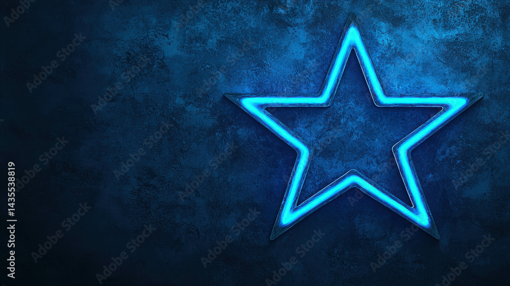 Fototapeta premium Neon Star Glowing on Textured Blue Background for Creative and Modern Designs