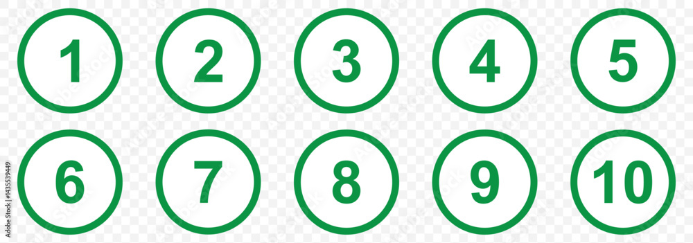 set of 1 to 10 black number icon on Green circle vector illustration on Transparent Background. EPS 10.