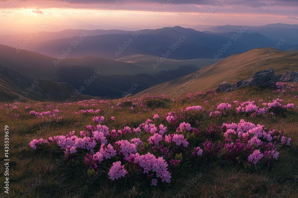 Obraz premium Beautiful, colorful pink rhododendron flowers on the mountain hill at sunset, Carpathian Mountains, Ukraine. 