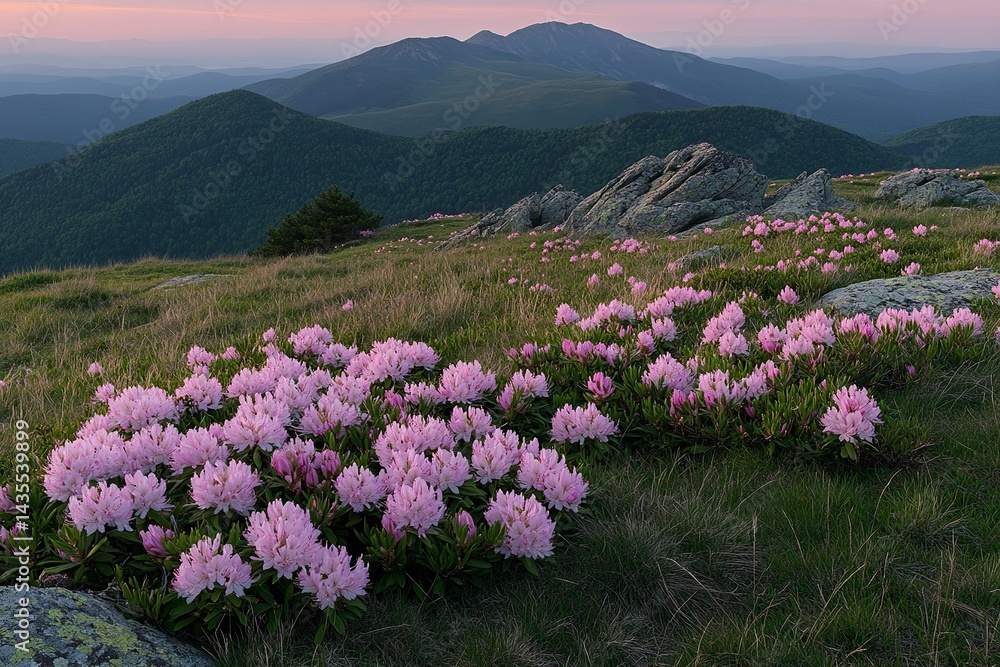 Fototapeta premium Beautiful, colorful pink rhododendron flowers on the mountain hill at sunset, Carpathian Mountains, Ukraine. 