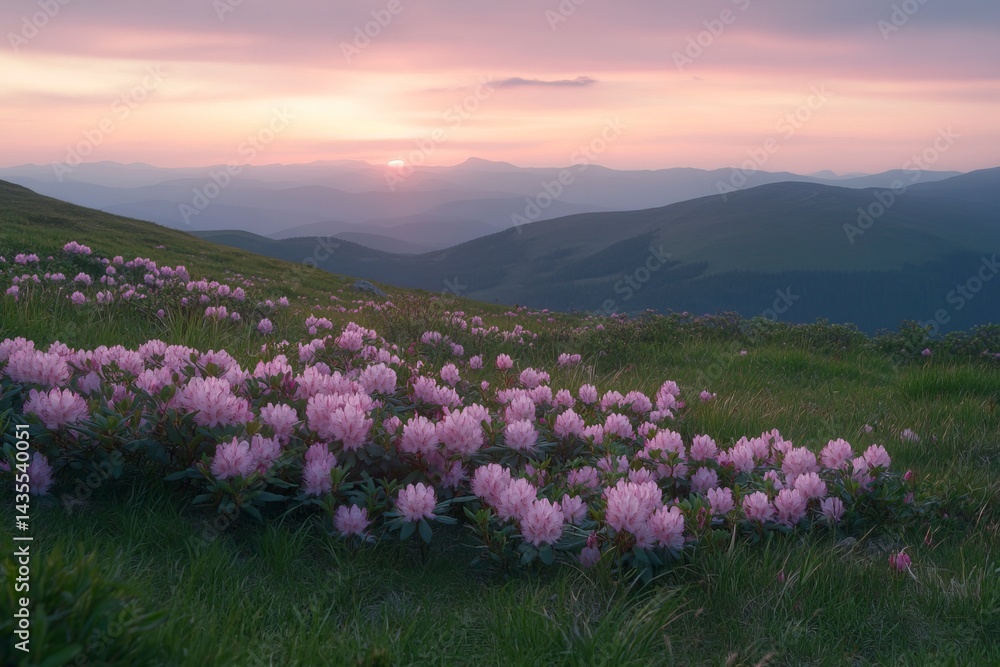 Obraz premium Beautiful, colorful pink rhododendron flowers on the mountain hill at sunset, Carpathian Mountains, Ukraine. 